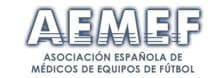 Logo de l'AEMEF, l'Association espagnole des médecins des équipes de football. Texte blanc sur fond ombré.