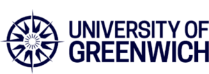 Logo de l'Université de Greenwich : emblème de la rose des vents et texte en bleu foncé.